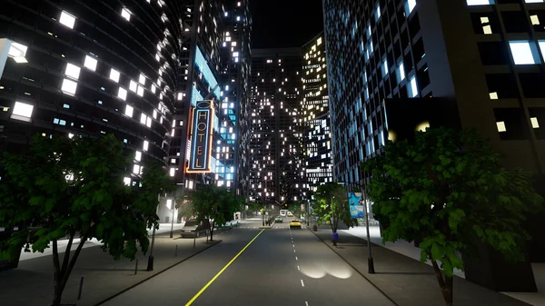 Miejska Dzielnica Światłami Miejskimi Migającymi Nocy Ciemna Futurystyczna Metropolia Biurowcami — Zdjęcie stockowe