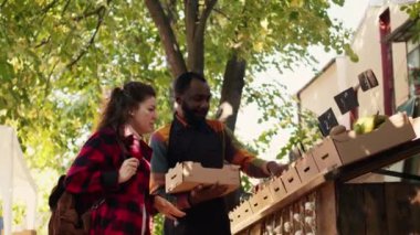 Çeşitli çiftçiler meyve ve sebzelerle tezgah hazırlayıp ev yapımı doğal ürünler satıyorlar. Gençler çeşitli organik biyolojik ürünler sergiliyor..