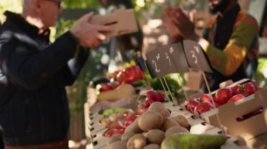 Yaşlı adam ve genç kadın organik biyolojik ürünler alıyorlar, yerel çiftçi pazarını ziyaret ediyorlar. Gülümseyen satıcılar müşterileri selamlıyor ve çiftlik meyveleri ve sebzeleri satıyor..