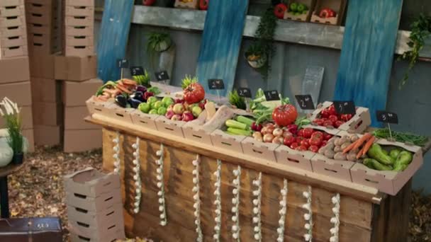 空荡荡的新鲜食品农贸市场上摆放着来自花园 季节性水果和蔬菜的有机产品 本地新鲜茄子 胡萝卜 西红柿或多汁甜苹果盒 — 图库视频影像