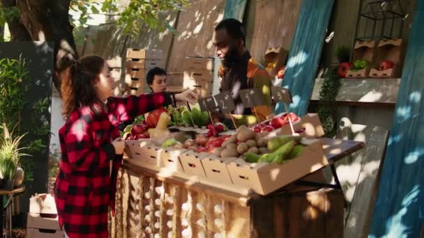 아프리카 미국인 유기농 박스를 사람들에게 생태적 생산물을 줍니다 여자가 지방에서 — 비디오