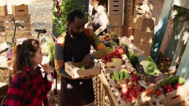 Различные Местные Продавцы Готовят Здоровый Рыночный Счетчик Фруктами Овощами Коробках — стоковое видео