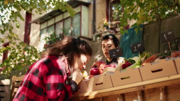 農家の市場の屋台で有機農産物を見て カラフルなリンゴや製品を選択するベジタリアンクライアント 祭りで新鮮な旬の果物や野菜を販売する女性経営者 — ストック動画