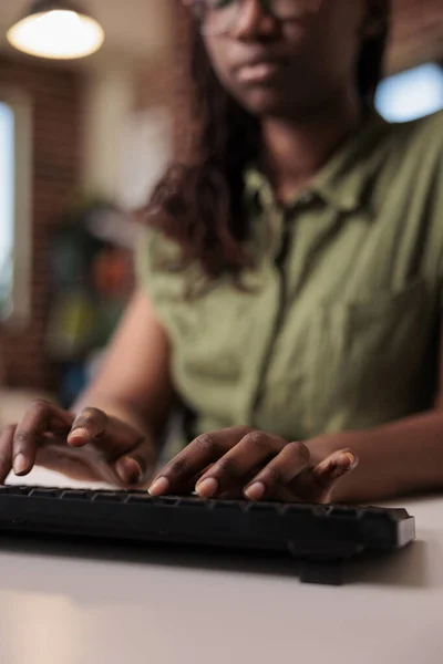 Closeup African American Woman Programmer Writing Code Computer Keyboard While — Stock Photo, Image