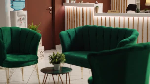 Stylowe Eleganckie Przytulne Rustykalne Wnętrze Lobby Wypełnione Zielonymi Przytulnymi Luksusowymi — Wideo stockowe