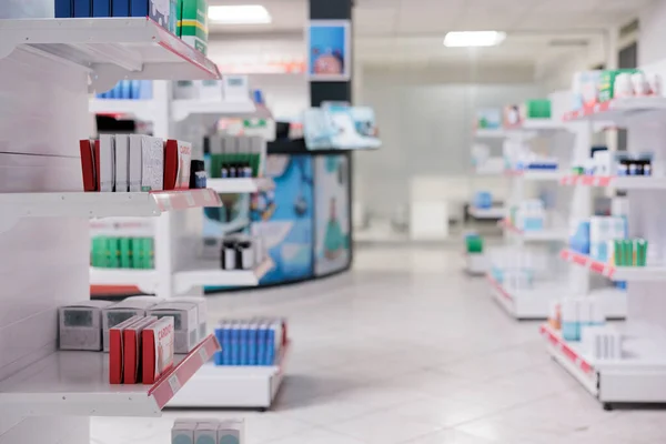 Empty Drugstore Nobody Containers Boxes Full Medicaments Retail Shop Shelves — Stock Photo, Image