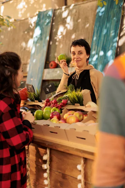 在农贸市场摊位上销售有机新鲜苹果的当地供应商微笑着 穿着围裙 与顾客交谈 持有当地生物天然农产品的年轻妇女 — 图库照片