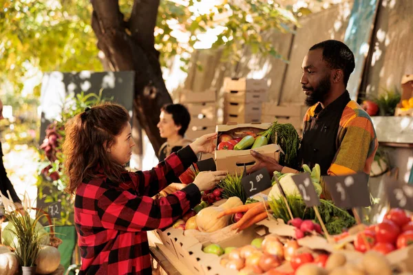 友善的年轻非洲裔美国男性农民在当地粮食市场上出售本土农产品的同时为妇女服务 购买新鲜有机水果和蔬菜的女顾客 — 图库照片