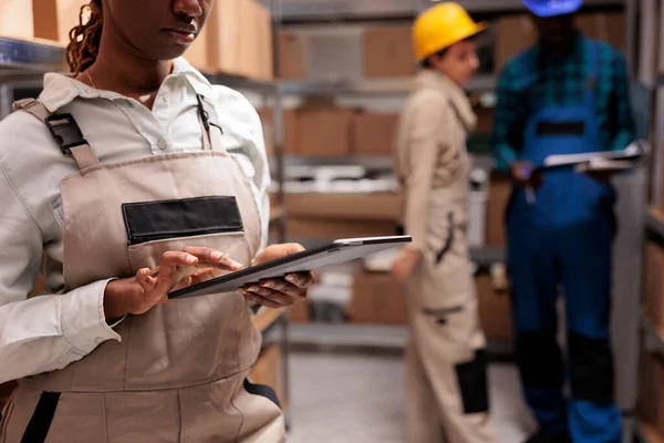 Storehouse Supervisor Doing Inventory Operations Digital Tablet App African American — Stock Photo, Image