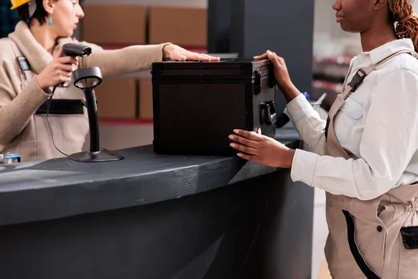 Warehouse Reception Worker Scanning Product Checking Price Inventory Two Diverse — Stock Photo, Image