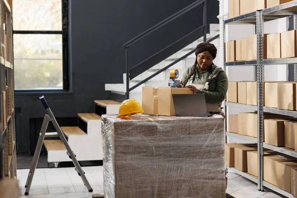 Stockroom Worker Using Adhesive Tape Pack Clients Orders Preparing Packages — Stock Photo, Image