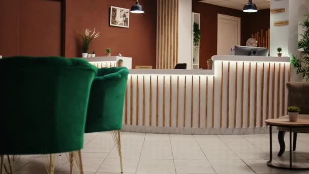 Elegancka Zielona Sofa Meble Foteli Stylowym Salonie Wypoczynkowym Puste Luksusowe — Wideo stockowe
