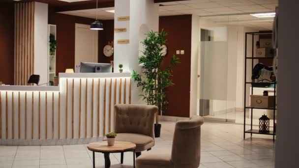 Boş Modern Otel Odası Rahat Mobilyaları Sıcak Şöminesi Olan Ziyaretçiler — Stok video