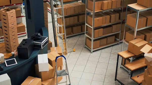 Empty Warehouse Stacks Cardboard Packages Small Business Concept Shelves Racks — Fotografia de Stock