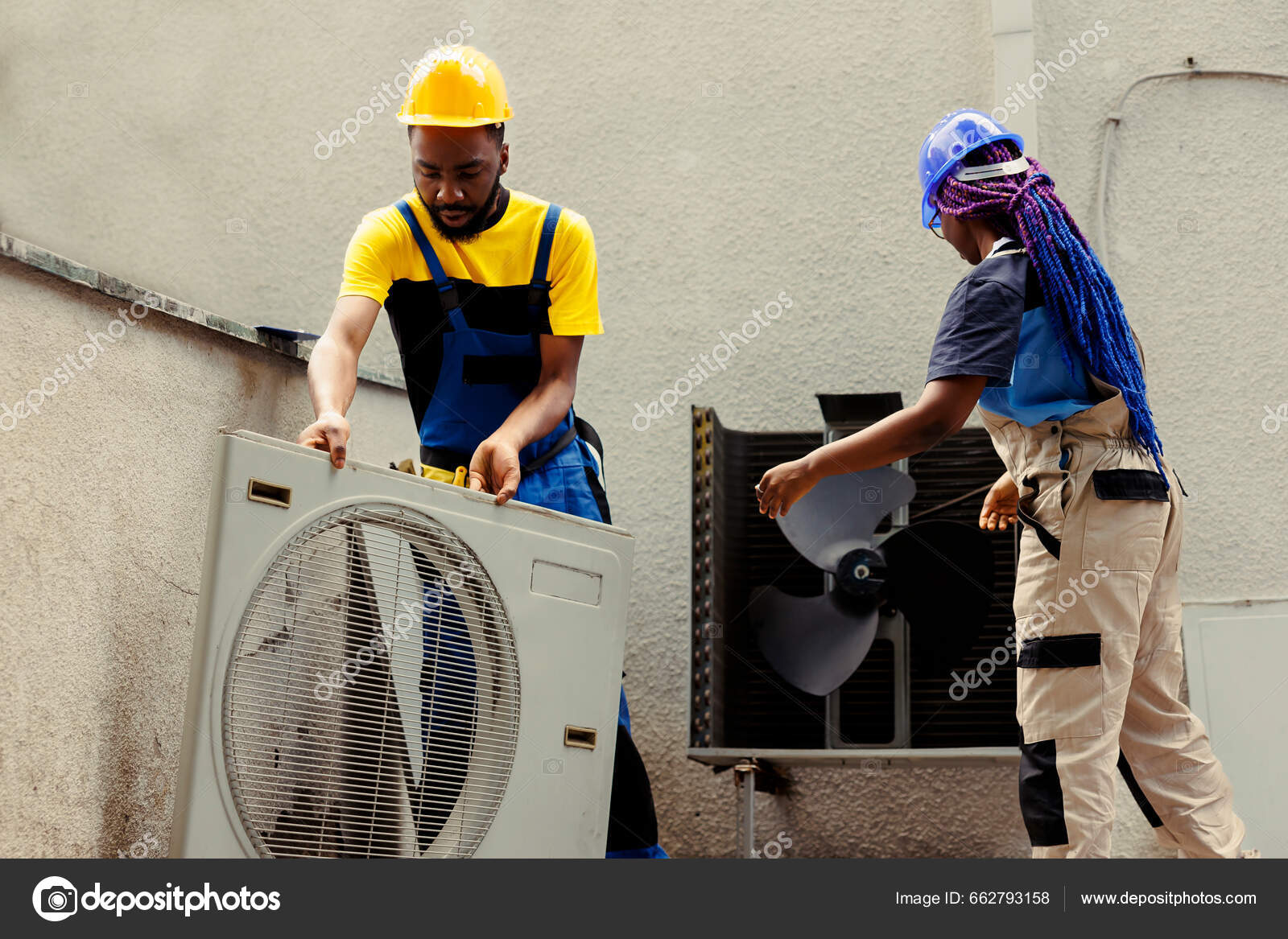 African American Efficient Technicians Disassembling Hvac System Panel