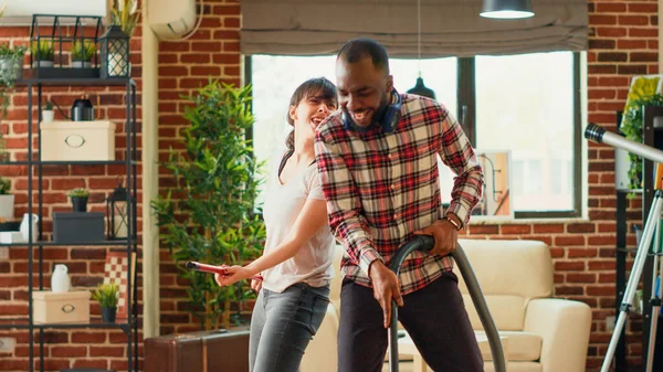 Young Life Partners Vacuuming Floors Showing Dance Moves Home Having — Stock Photo, Image