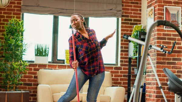 Female Adult Dancing Having Fun Cleaning Household Listening Music Doing — Stock Photo, Image