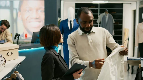 Asian Store Employee Examining Stock Trendy Clothes Doing Store Inventory — Stock Photo, Image