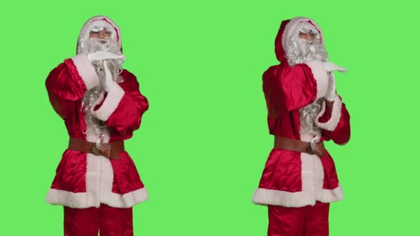 Saint Nick Cosplay Shows Timeout Symbol Posing Festive Seasonal Costume — Stock Video