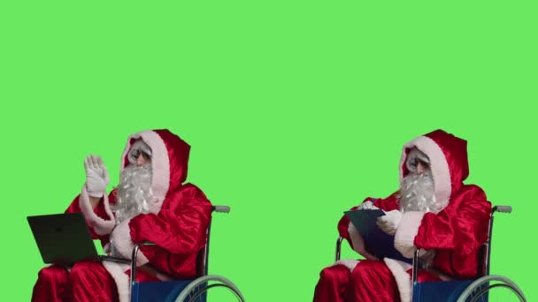 Санта Видео Файлами Буфера Обмена Занимающийся Хронической Инвалидностью Инвалидной Коляске — стоковое видео