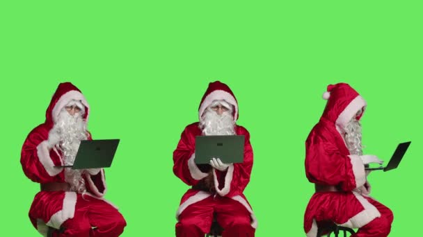 Young Man Santa Claus Using Laptop Posing Dressed Red White — Stock Video