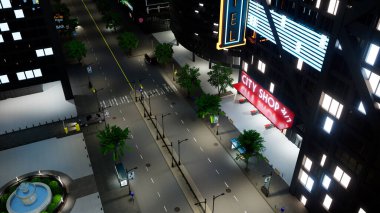 Kuleleri ve ışıkları gece geç saatlere kadar parlayan, gökdelenleri ve ofis binaları olan Metropolis Merkezi. Şehir merkezi, fütüristik mimarisi ve yapıları olan 3D canlandırma..
