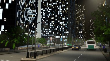 Şehir merkezindeki caddede, iş alanındaki ofis binalarının yanındaki araçlar, modern gökdelenler ve arabalar. Geceleri ışıkları yanıp sönen ofis binaları. 3d canlandırma canlandırması.