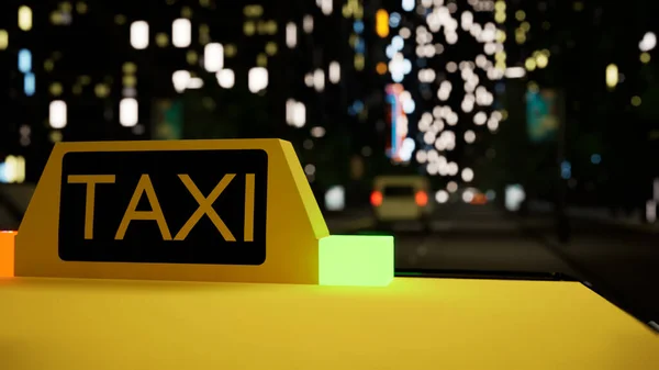 Moderno Cartel Taxi Vehículo Conduciendo Por Ciudad Con Edificios Oficinas —  Fotos de Stock