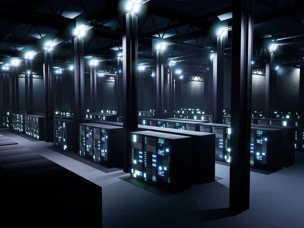 Futuristic data center with server racks and neural network connection database, cloud computing concept. Supercomputer render farm server room with database storage. 3d render animation.