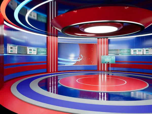 News studio with display and television stage used to broadcast breaking news on international tv channel. News room set to broadcast on screen with graphic package. 3d render animation.