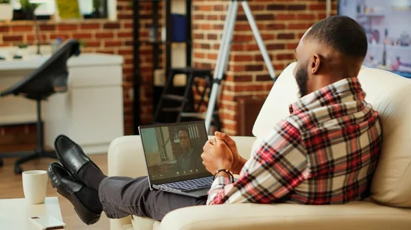 Prospecting Job Candidate Answering Human Resources Interview Questions Online Video — Stock Photo, Image