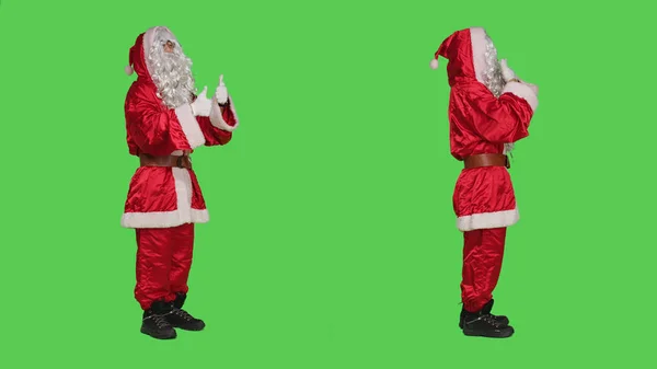 Saint Nick Costume Does Thumbs Standing Full Body Greenscreen Background — Stock Photo, Image