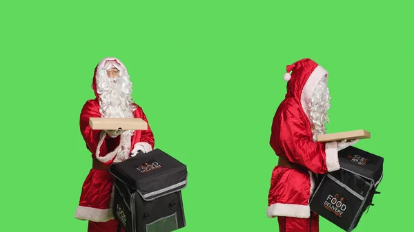 Papai Noel Entregando Caixa Pizza Mochila Térmica Pessoa Retratando Caráter — Fotografia de Stock