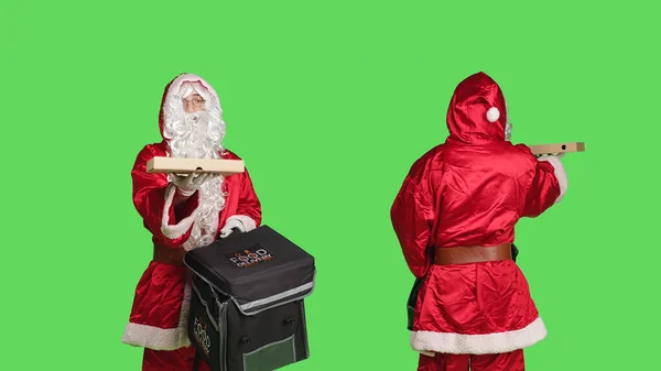 Man Costume Delivering Pizza Thermal Backpack Portraying Festive Seasonal Character — Stock Photo, Image