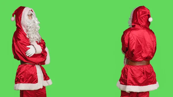 Confident Young Man Traditional Santa Claus Costume Complete White Beard — Stock Photo, Image