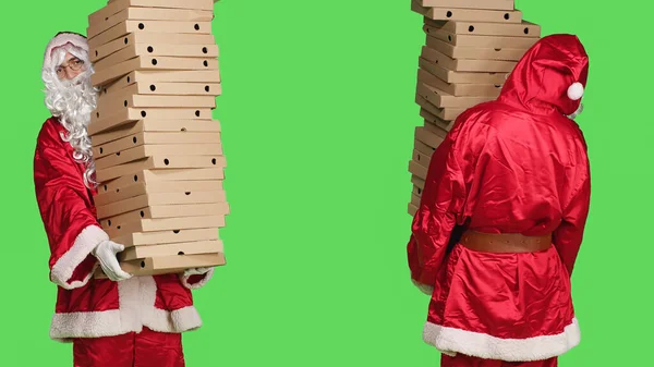 Personaje Navidad Con Pila Cajas Pizza Llevando Gran Pila Comida —  Fotos de Stock