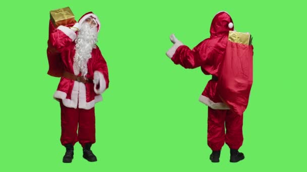 Babbo Natale Con Borsa Rossa Dice Sfondo Schermo Verde Corpo — Video Stock