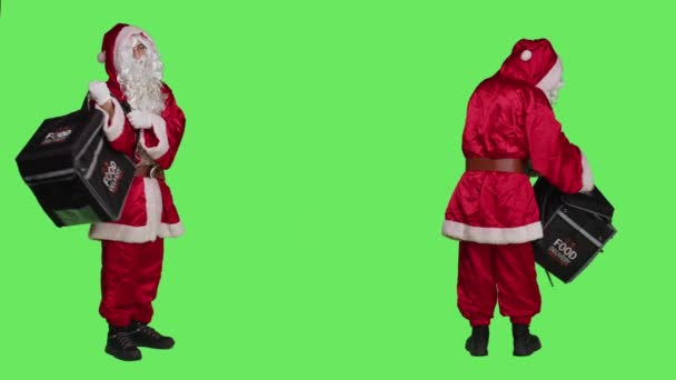 Father Christmas Delivery Paper Bag Person Dressed Santa Claus White — Stock Video