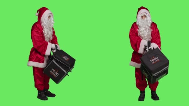Père Livreur Costume Noël Portant Sac Dos Thématique Avec Commande — Video