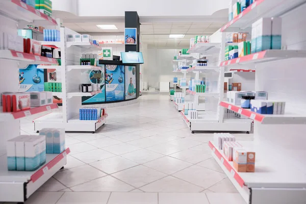 Полки Аптек Наповнені Ліками Добавками Готові Покупки Клієнтом Лікуванням Здоров — стокове фото