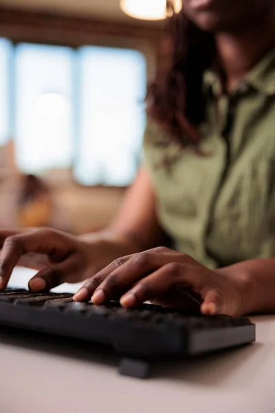 Closeup African American Student Writing Homework Using Computer Keyboard While — Stock Photo, Image