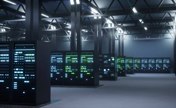 现代数据中心提供云服务 使企业能够访问计算资源并在网上按需存储 服务器机房基础设施3D渲染动画 — 图库照片