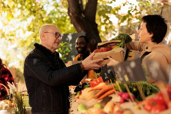老年人在农贸市场摊位上购买各种天然农产品 销售商赠送一盒有机新鲜产品 老年人种植五颜六色的生态蔬菜和水果 — 图库照片