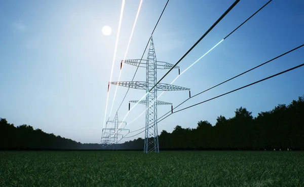 Visualization of energy travelling through industrial power tower high voltage wires over blue sky. Transmission tower electricity obtained from sustainable sources, 3d render animation