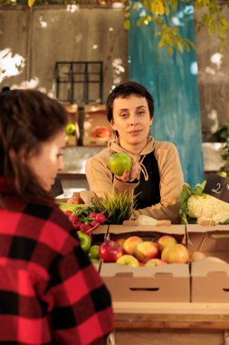 Elma tutan ve pazarın arkasında durup sağlıklı organik ürünler satan mutlu bir kadın. Kadın manav kameraya bakıyor. Taze yetişmiş meyve ve sebzeleri gösteriyor..