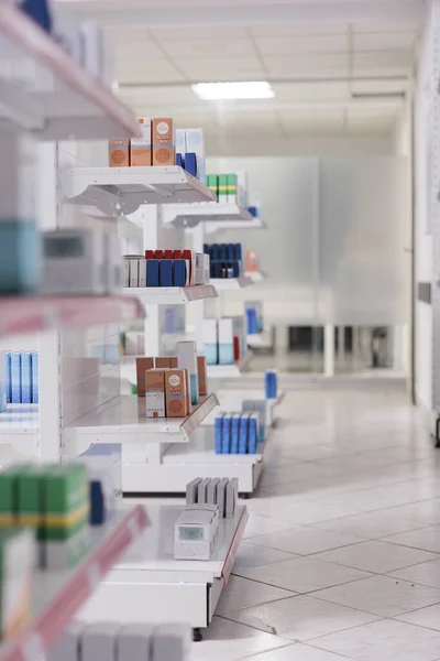 Pharmacy Shelves Filled Medications Supplements Ready Buy Clients Health Care — Stock Photo, Image