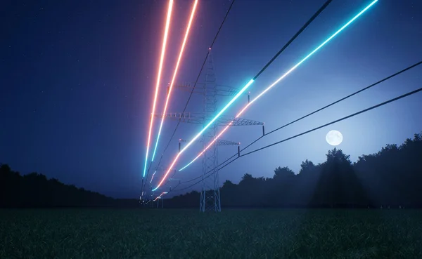 Visualization of energy flowing through power tower lines over night sky. Infrastructure ensuring transmission of electricity through voltage distribution cables, 3D render animation