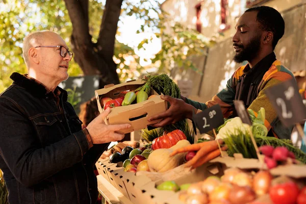 Elderly Customer Receiving Box Organic Fruits Veggies Local Farmers Market — Stok fotoğraf