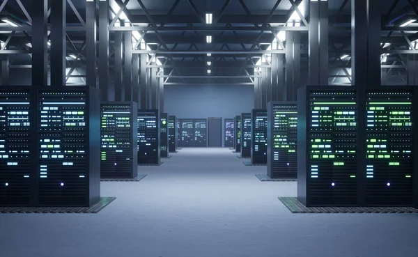 Operational server clusters in computer network security data storage facility. Mainframes providing processing power and memory resources for tedious workloads, 3D render animation