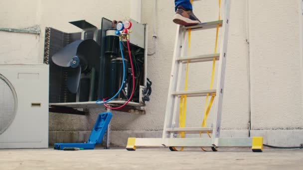 Electrician Professional Uniform Technical Equipment Climbing Folding Ladder Finishing Maintenance — стоковое видео